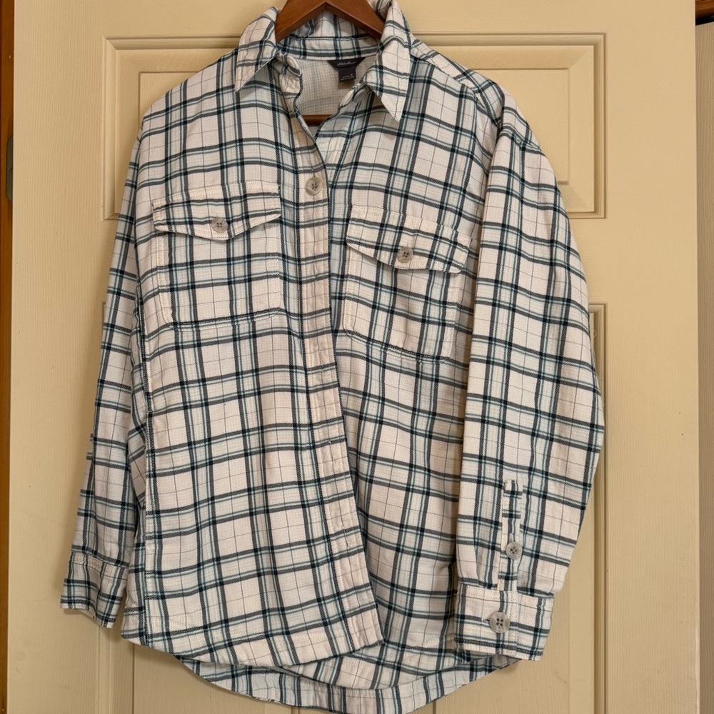 Eddie Bauer Women's Plaid Button Down Shirt - White and Green